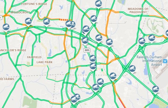 Image of NCDOT traffic map showing NC 885 on Triangle Parkway on May 11, 2022 prior to opening of East End Connector in Durham