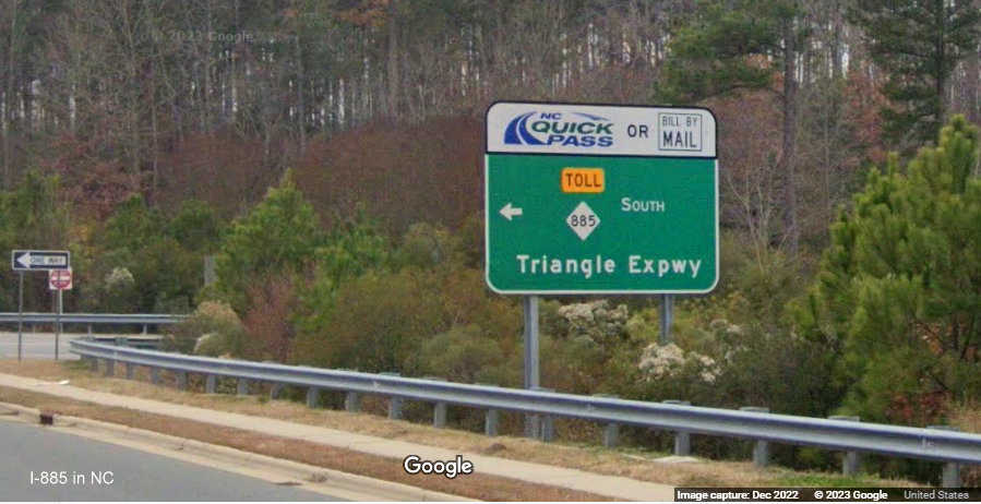 Image of NC 885 South ramp sign along Hopson Road, Google Maps Street View, December 2022