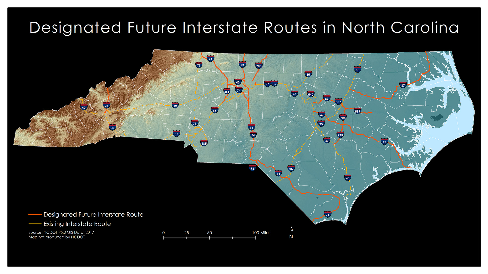 Image of NC Future Interstate routes as of Dec. 2017, by NCDOT