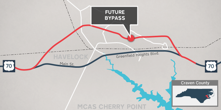 NCDOT map of site of future Havelock Bypass Project for Future Interstate 42