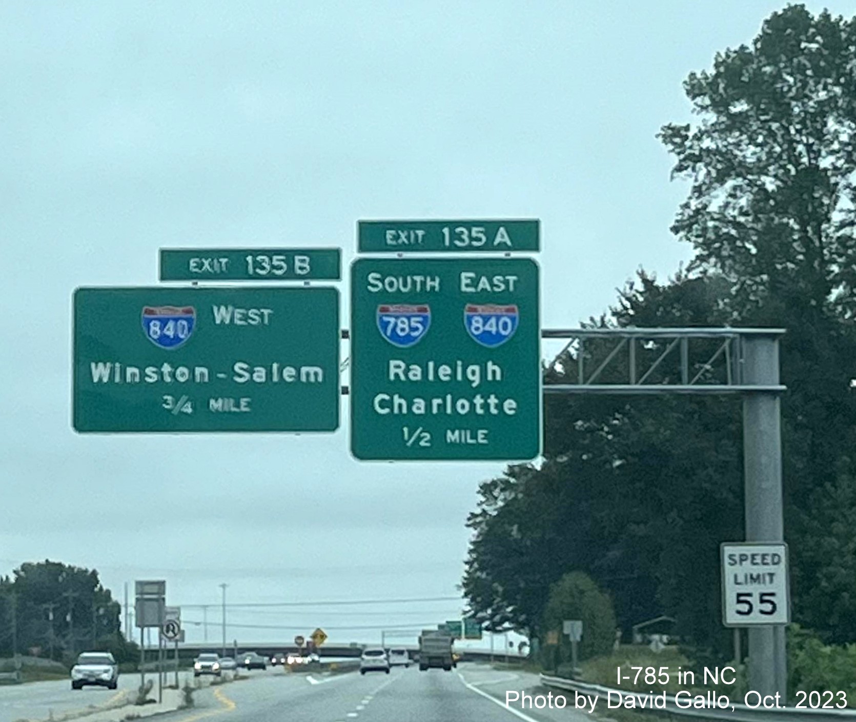 Image of ground mounted 1 Mile advance sign for South I-785/I-840 Greensboro Loop exit on 
      US 29 North, by David Gallo, October 2023